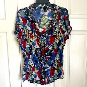 Style & Co Womens Floral Button Up Short Sleeve Top Size 16 Ruffles Boho Office